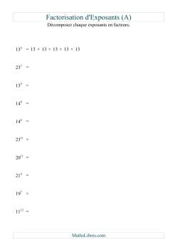 Décomposition de nombres en facteurs premiers (base 5 à 25; exposant 1 à 12)
