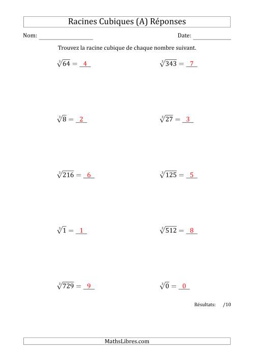 Racines Cubiques de 0 à 9 (A)