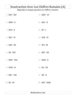 Soustraction Avec Les Chiffres Romains (Jusqu'à XXV)