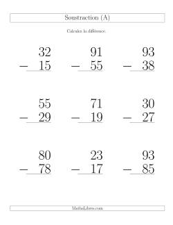 Soustraction de nombres à deux chiffres (toutes avec retenue)