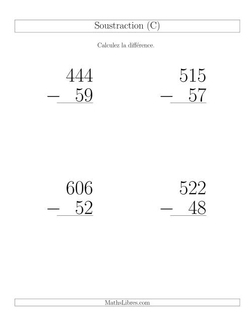 Soustraction Multi-Chiffres -- 3-chiffres moins 2-chiffres (6 par page) (C)
