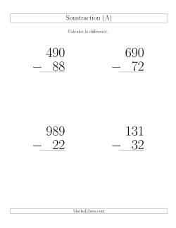 Soustraction Multi-Chiffres -- 3-chiffres moins 2-chiffres (6 par page)