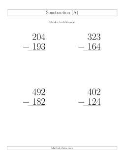 Soustraction Multi-Chiffres -- 3-chiffres moins 3-chiffres (6 par page)