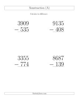 Soustraction Multi-Chiffres -- 4-chiffres moins 3-chiffres (6 par page)