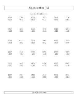 Soustraction Multi-Chiffres -- 4-chiffres moins 3-chiffres (36 par page)