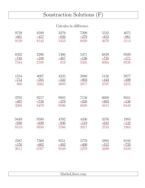 Soustraction Multi-Chiffres -- 4-chiffres moins 3-chiffres (36 par page) (F) page 2
