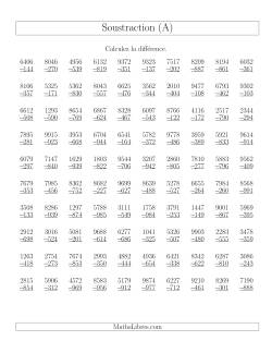 Soustraction Multi-Chiffres -- 4-chiffres moins 3-chiffres (100 par page)