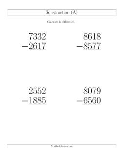 Soustraction Multi-Chiffres -- 4-chiffres moins 4-chiffres (36 par page)