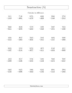 Soustraction Multi-Chiffres -- 4-chiffres moins 4-chiffres (36 par page)