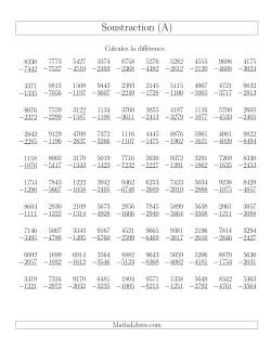 Soustraction Multi-Chiffres -- 4-chiffres moins 4-chiffres (100 par page)