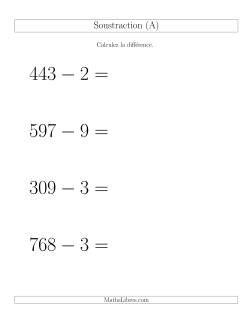 Soustraction Multi-Chiffres -- 3-chiffres moins 1-chiffre -- Hotizontale