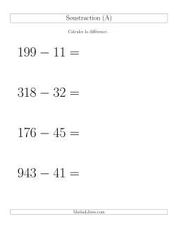 Soustraction Multi-Chiffres -- 3-chiffres moins 2-chiffres -- Hotizontale