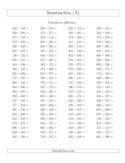 Soustraction Multi-Chiffres -- 3-chiffres moins 3-chiffres -- Hotizontale