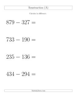 Soustraction Multi-Chiffres -- 3-chiffres moins 3-chiffres -- Hotizontale