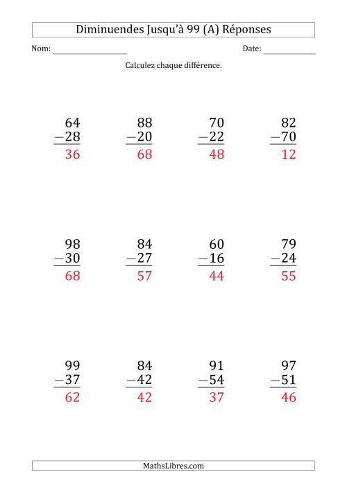 Gros Caractère - Soustraction d'un Nombre à 2 Chiffres avec des Diminuendes Jusqu'à 99 (12 Questions) (A) page 2