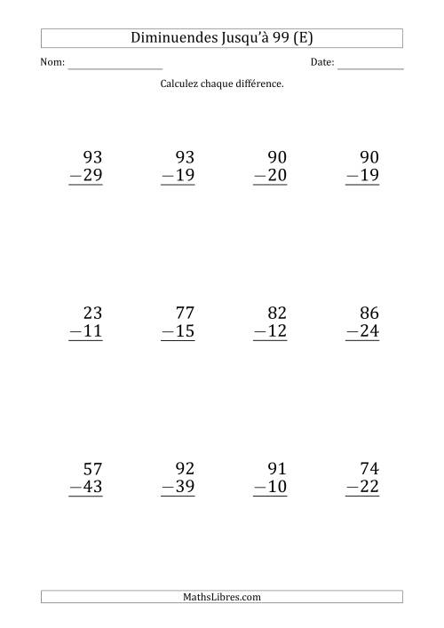 Gros Caractère - Soustraction d'un Nombre à 2 Chiffres avec des Diminuendes Jusqu'à 99 (12 Questions) (E)