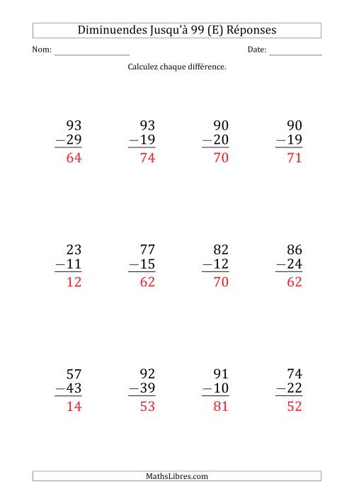 Gros Caractère - Soustraction d'un Nombre à 2 Chiffres avec des Diminuendes Jusqu'à 99 (12 Questions) (E) page 2