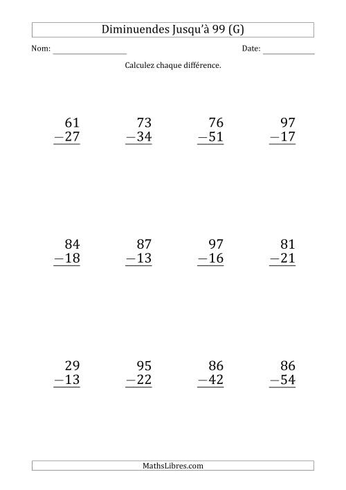 Gros Caractère - Soustraction d'un Nombre à 2 Chiffres avec des Diminuendes Jusqu'à 99 (12 Questions) (G)