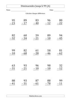 Gros Caractère - Soustraction d'un Nombre à 2 Chiffres avec des Diminuendes Jusqu'à 99 (25 Questions)