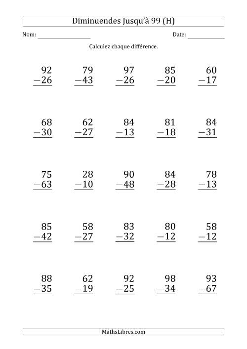Gros Caractère - Soustraction d'un Nombre à 2 Chiffres avec des Diminuendes Jusqu'à 99 (25 Questions) (H)