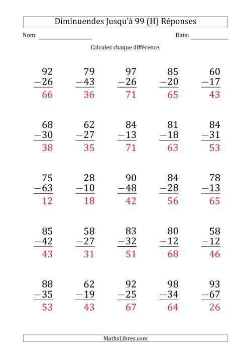 Gros Caractère - Soustraction d'un Nombre à 2 Chiffres avec des Diminuendes Jusqu'à 99 (25 Questions) (H) page 2