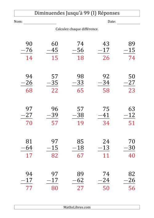 Gros Caractère - Soustraction d'un Nombre à 2 Chiffres avec des Diminuendes Jusqu'à 99 (25 Questions) (I) page 2