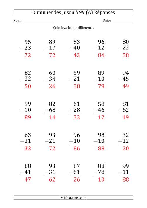 Gros Caractère - Soustraction d'un Nombre à 2 Chiffres avec des Diminuendes Jusqu'à 99 (25 Questions) (Tout) page 2