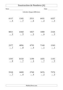 Soustraction d'un Nombre à 4 Chiffres par un Nombre à 1 Chiffre