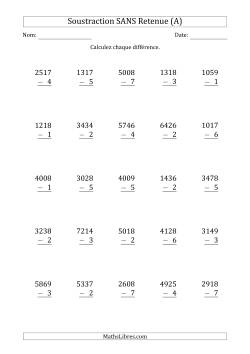 Soustraction d'un Nombre à 4 Chiffres par un Nombre à 1 Chiffre SANS retenue