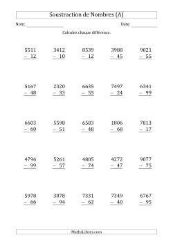 Soustraction d'un Nombre à 4 Chiffres par un Nombre à 2 Chiffres