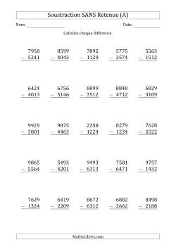 Soustraction d'un Nombre à 4 Chiffres par un Nombre à 4 Chiffres SANS retenue