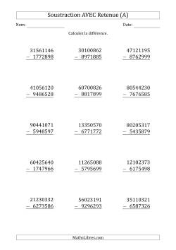 Soustraction d'un Nombre à 8 Chiffres par un Nombre à 7 Chiffres AVEC retenue