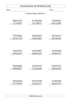 Soustraction d'un Nombre à 8 Chiffres par un Nombre à 8 Chiffres