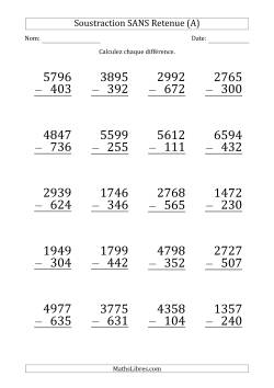 Soustraction d'un Nombre à 4 Chiffres par un Nombre à 3 Chiffres SANS retenue (Gros Caractère)