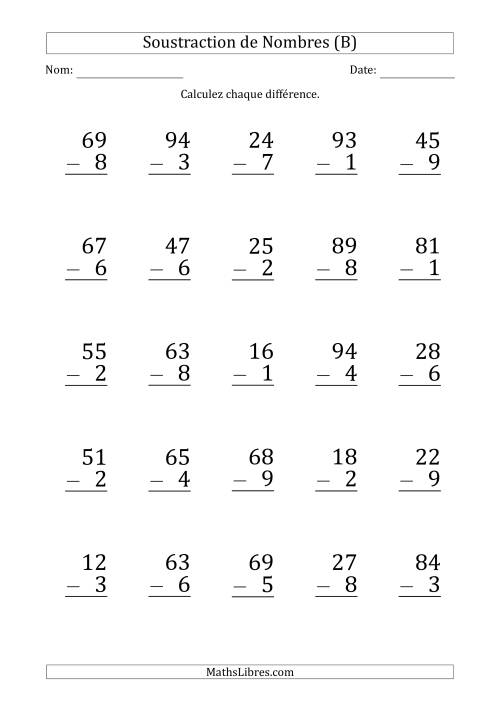 Soustraction d'un Nombre à 2 Chiffres par un Nombre à 1 Chiffre (Gros Caractère) (B)