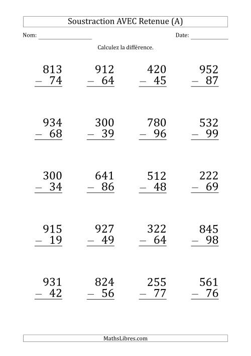 Soustraction d'un Nombres à 3 Chiffres par un Nombre à 2 Chiffres AVEC retenue (Gros Caractère) (A)