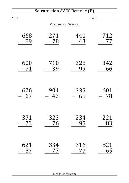 Soustraction d'un Nombres à 3 Chiffres par un Nombre à 2 Chiffres AVEC retenue (Gros Caractère) (B)