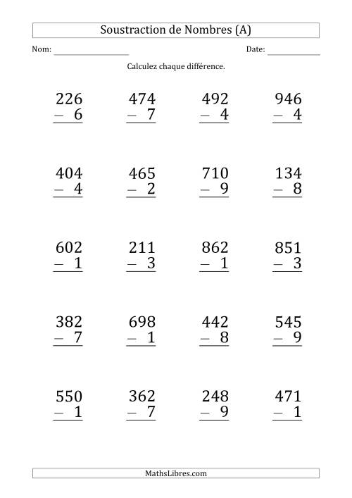 Soustraction d'un Nombre à 3 Chiffres par un Nombre à 1 Chiffre (Gros Caractère) (A)