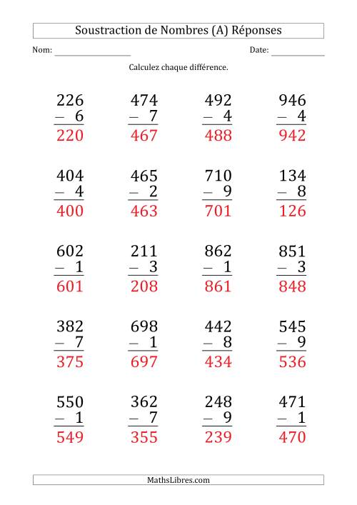Soustraction d'un Nombre à 3 Chiffres par un Nombre à 1 Chiffre (Gros Caractère) (A) page 2