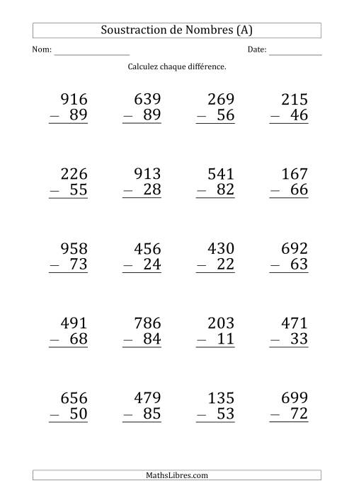 Soustraction d'un Nombre à 3 Chiffres par un Nombre à 2 Chiffres (Gros Caractère) (A)