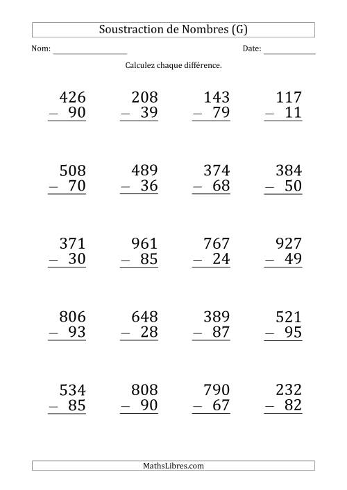 Soustraction d'un Nombre à 3 Chiffres par un Nombre à 2 Chiffres (Gros Caractère) (G)