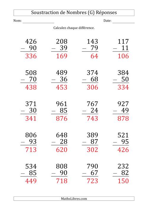Soustraction d'un Nombre à 3 Chiffres par un Nombre à 2 Chiffres (Gros Caractère) (G) page 2