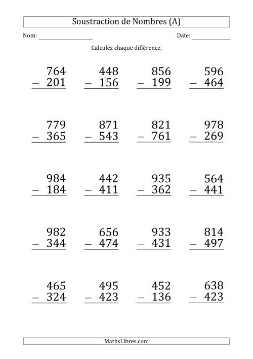 Soustraction d'un Nombre à 3 Chiffres par un Nombre à 3 Chiffres (Gros Caractère) (A)