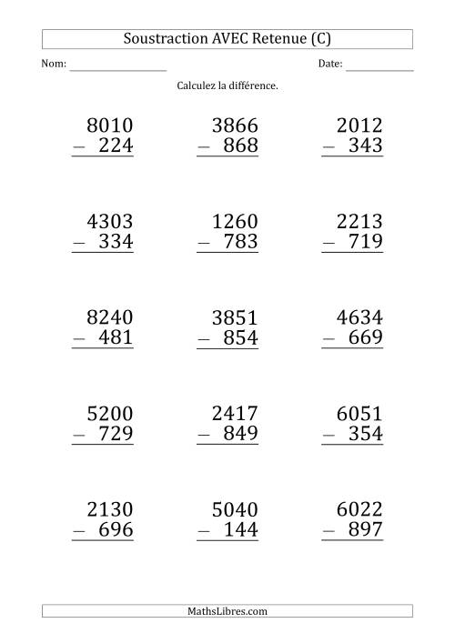 Soustraction d'un Nombres à 4 Chiffres par un Nombre à 3 Chiffres AVEC retenue (Gros Caractère) (C)