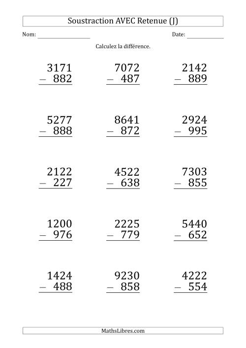 Soustraction d'un Nombres à 4 Chiffres par un Nombre à 3 Chiffres AVEC retenue (Gros Caractère) (J)