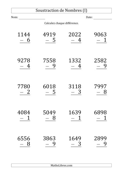 Soustraction d'un Nombre à 4 Chiffres par un Nombre à 1 Chiffre (Gros Caractère) (I)