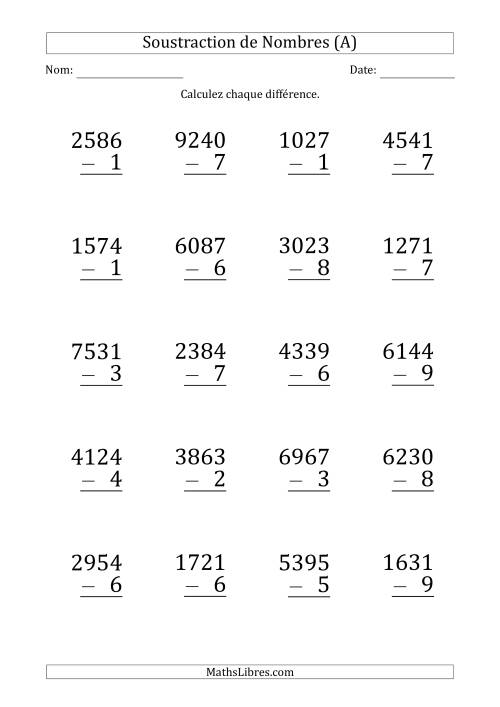 Soustraction d'un Nombre à 4 Chiffres par un Nombre à 1 Chiffre (Gros Caractère) (Tout)