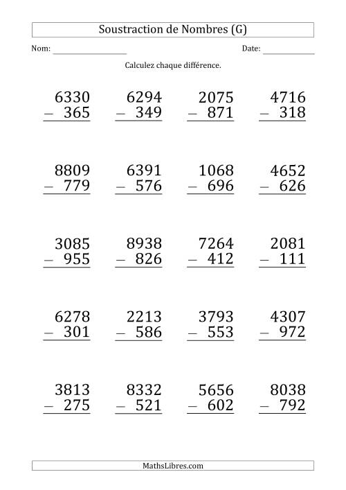 Soustraction d'un Nombre à 4 Chiffres par un Nombre à 3 Chiffres (Gros Caractère) (G)