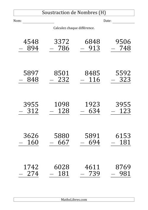 Soustraction d'un Nombre à 4 Chiffres par un Nombre à 3 Chiffres (Gros Caractère) (H)