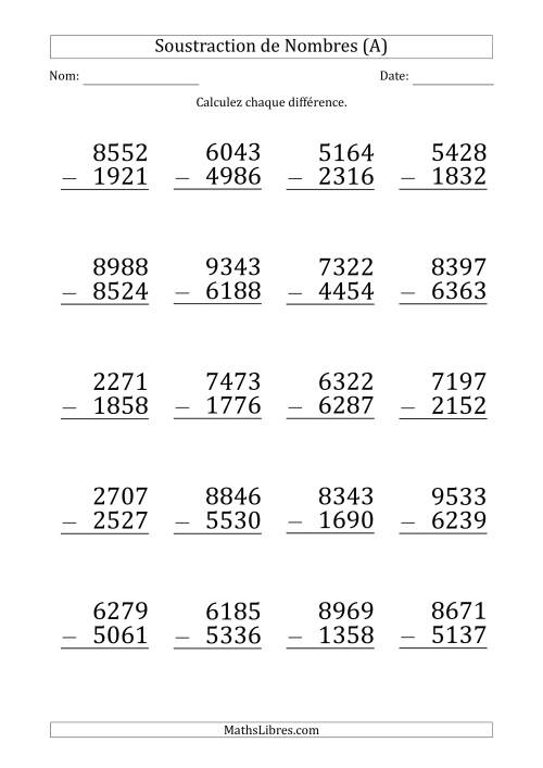 Soustraction d'un Nombre à 4 Chiffres par un Nombre à 4 Chiffres (Gros Caractère) (A)